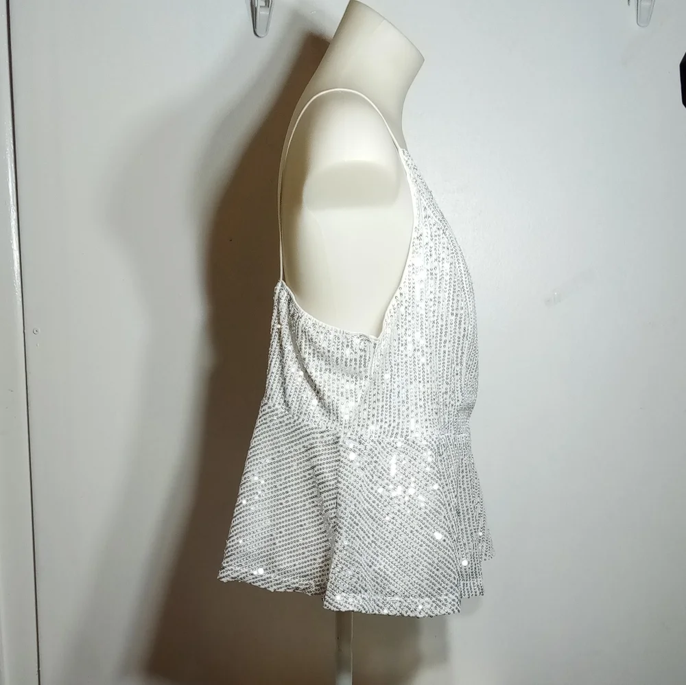 Shein Curve Silver Sequin Overlap Collar Peplum Hem Cami Top Sz XL - Picture 7 of 9